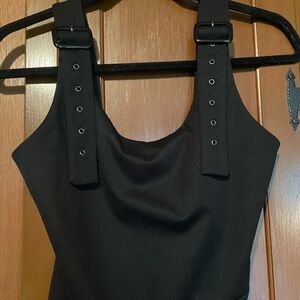 Black Sleeveless Bodysuit with Buckle Straps